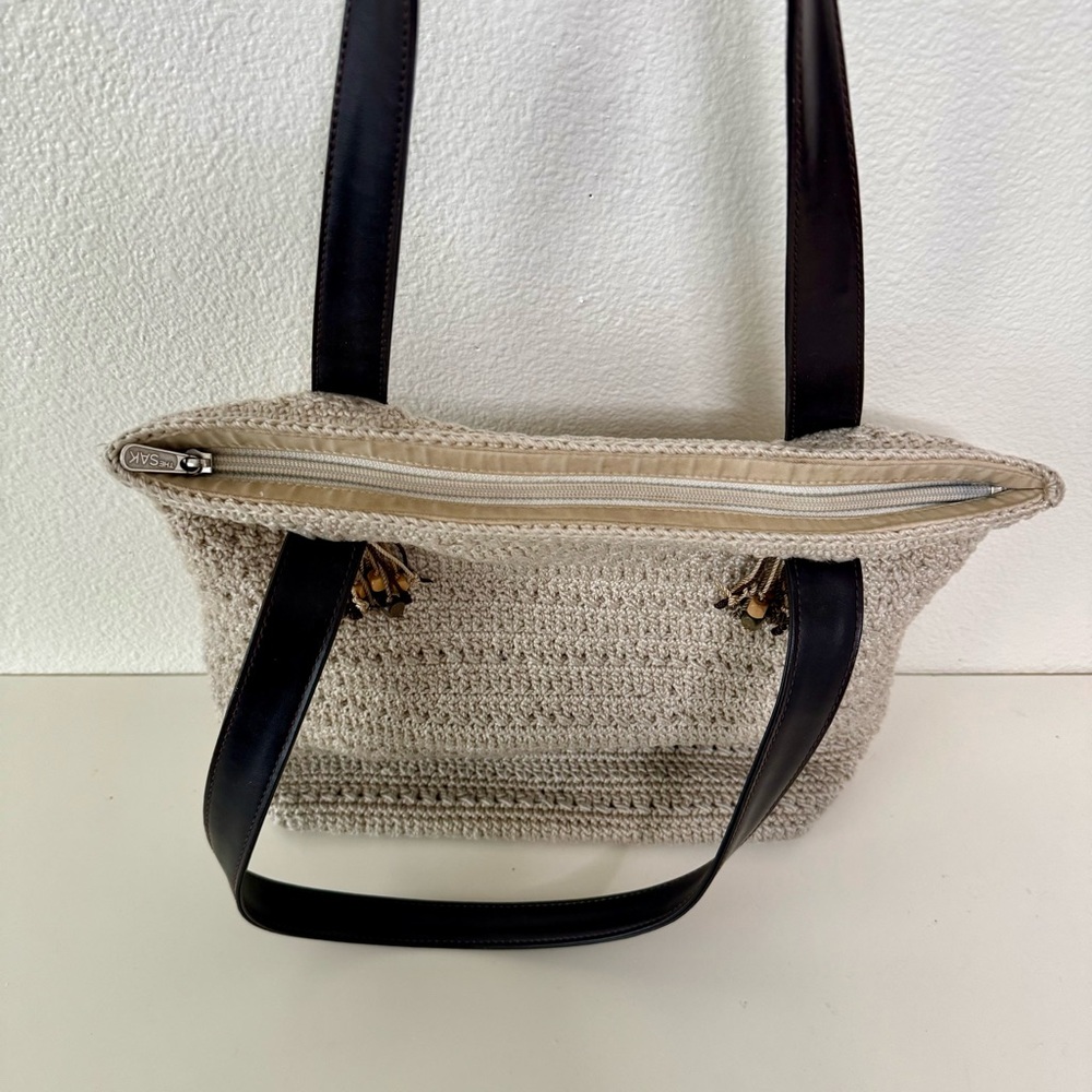 The Sak Vintage Crochet Boho Tote Bag - Cream Nylon String With Beaded Tassels - Picture 10 of 16